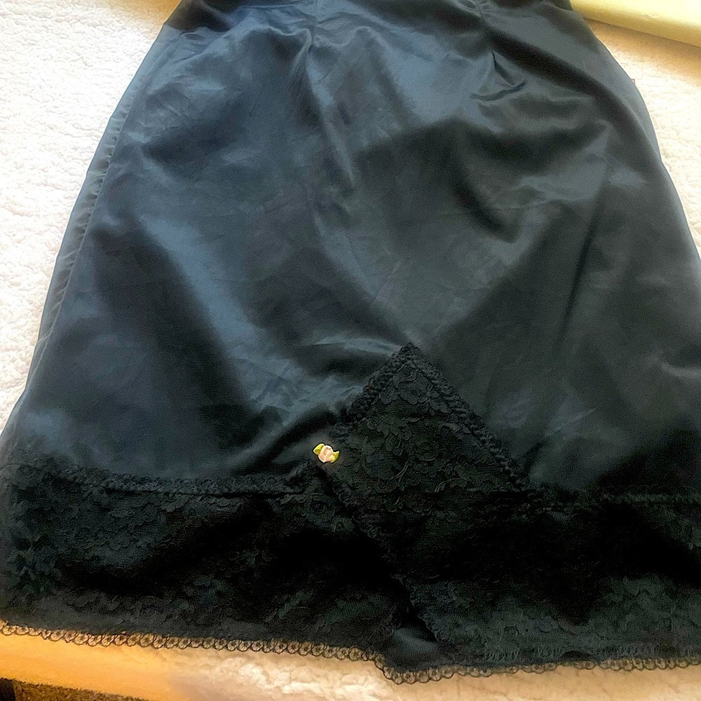Beverly Vintage (Size 30 A) Black Lace Trim Slip with Side Zip & Pink Tea Rose